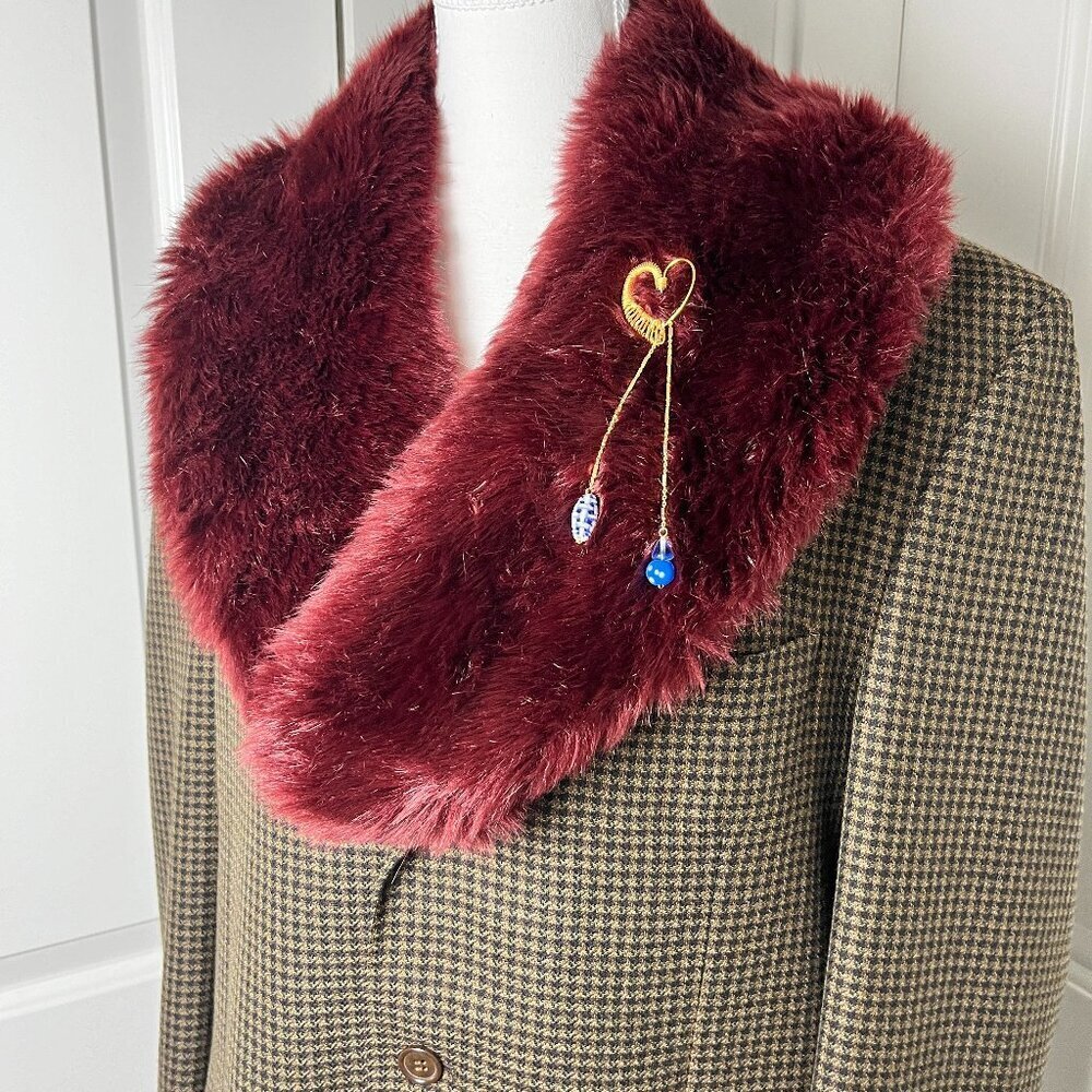 Vtg Houndstooth Detachable Collar Wool Blazer & Handmade Brooch Unisex M Women L